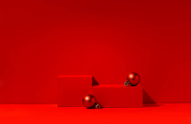 istock Red Christmas stage for product presentation, red podium with copy space. Studio photography. 1446719143