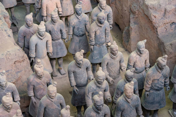 The Terracotta Army warriors at the Mausoleum of sculptures depicting the armies of Qin Shi Huang, the first Emperor of China Xian, China - Feb 9, 2022 : The Terracotta Army warriors at the Mausoleum of sculptures depicting the armies of Qin Shi Huang, the first Emperor of China mausoleum stock pictures, royalty-free photos & images