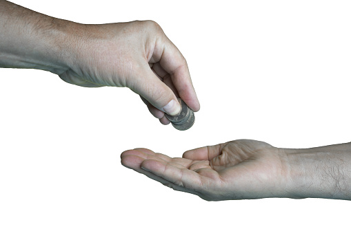 the gesture of giving some coins to a person