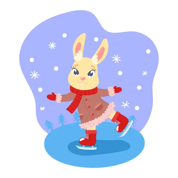 Vector illustration of Vector image of a cute hare in a coat riding on skates surrounded by snowflakes