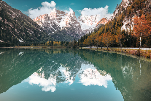 Autumn view of the Lago di Landro in a sunny morning. Cristallo group in the Dolomites at sunrise, South Tyrol, Dolomites, Northern Italy