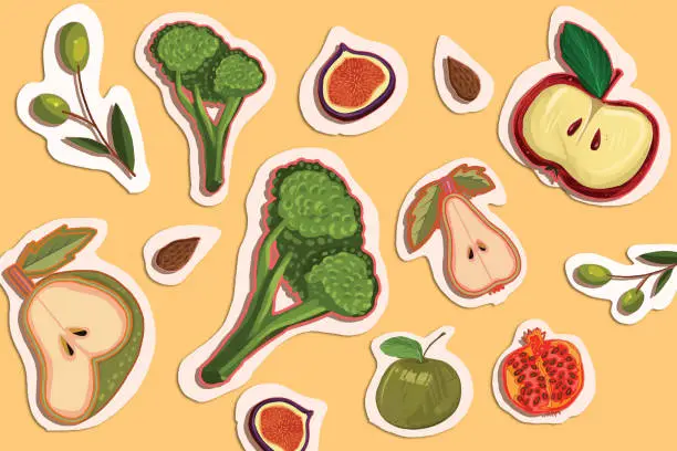 Vector illustration of Vegetarian Food sticker collection