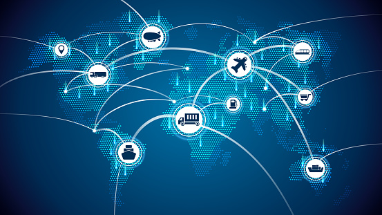 Global shipping and supply chain vector illustration. Abstract concept with world map background and connected icons related to international import and export, distribution and transportation.