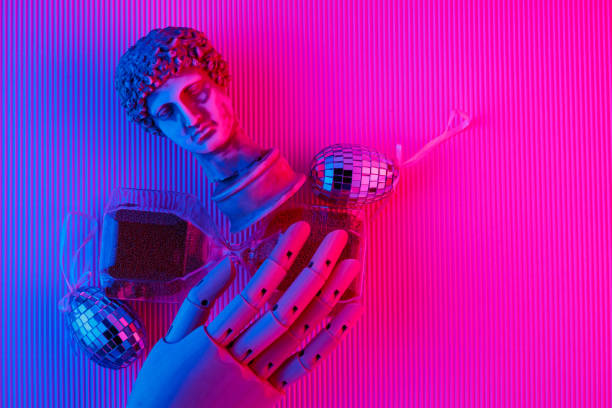 surrealistic concept of the passage of time. hourglass, antique bust and artificial arm. idea of connecting the past with the future - hourglass time purple deadline imagens e fotografias de stock