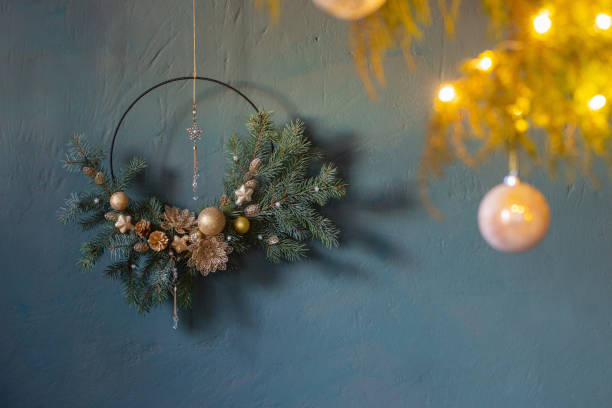 istock christmas decor with golden balls on background  dark wall 1446729873
