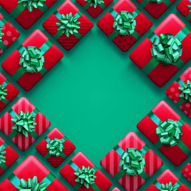 Vector illustration of Christmas red gift boxes on green background.