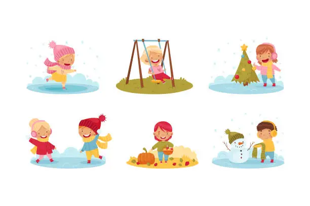 Vector illustration of Little Kids Enjoying Seasons Ice Skating, Swinging, Decorating Fir Tree, Playing Snowballs, Harvesting and Building Snowman Vector Set