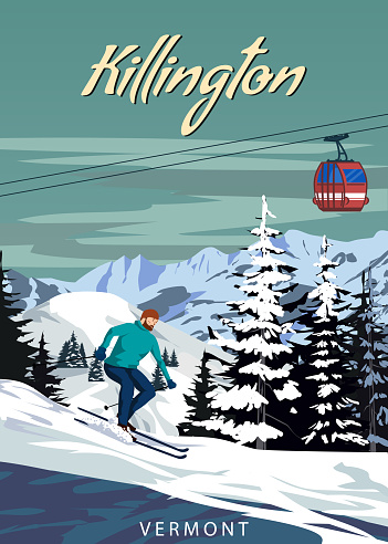 Travel resort Killington Ski poster vintage. Vermont USA winter landscape travel card, skier going down the slope, ski lift gondola, view on the mountain vintage. Vector illustration