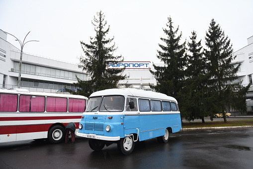 Belarus, Minsk - 11.30.2022:Retro bus Robur parked at the airport.Bus Robur from the GDR.