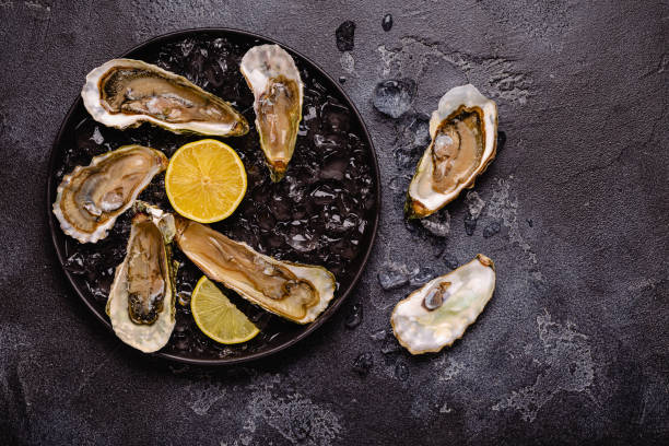 istock Opened fresh oysters on a plate, served with lemon and ice. 1446734190