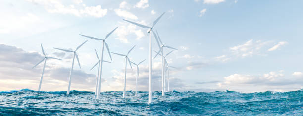Wind turbines in waving sea. 3D render stock photo