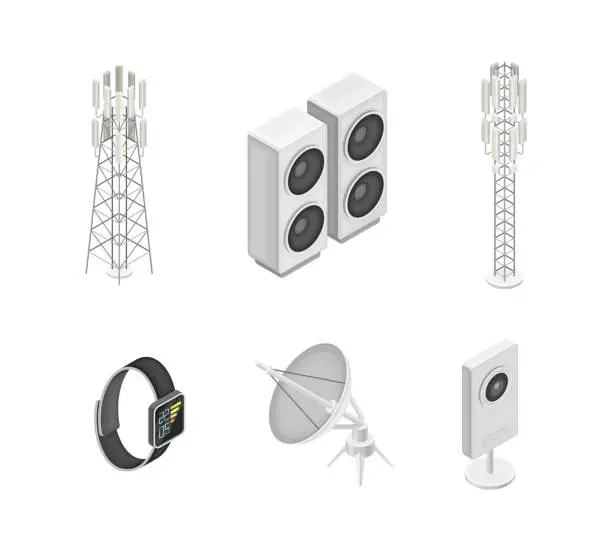 Vector illustration of Wireless Communication Technology with Gadget and Networking System Isometric Vector Set