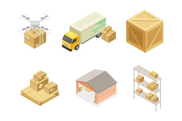 Vector illustration of Warehouse as Area for Goods Storage with Drone, Truck and Cardboard Boxes Isometric Vector Set