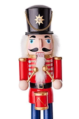 Color image depicting Nutcracker-themed ornaments on display and for sale in the store at Christmas.