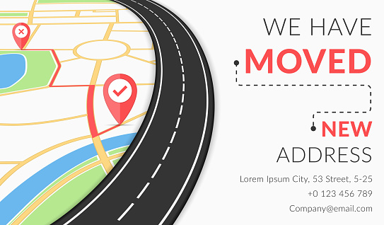 We have moved concept with map, road map pins, vector eps10 illustration