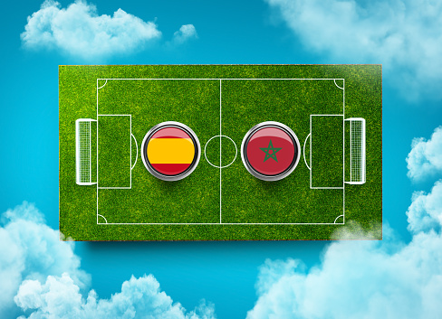 Morocco vs Spain Versus screen banner Soccer concept. football field stadium, 3d illustration