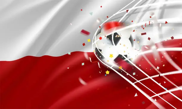 Vector illustration of The ball in the soccer net. Goal vector concept with flag of Poland. 3d vector banner with blur effect