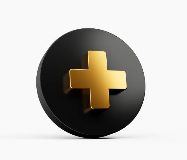 istock 3d Gold and black circle with plus on the white background. 3d illustration 1446739924