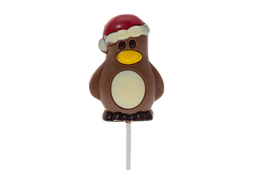 Milk chocolate christmas penguin character figurine on a lolly stick - white background