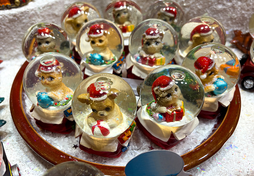 Christmas themed snow globes for sale at a Christmas market