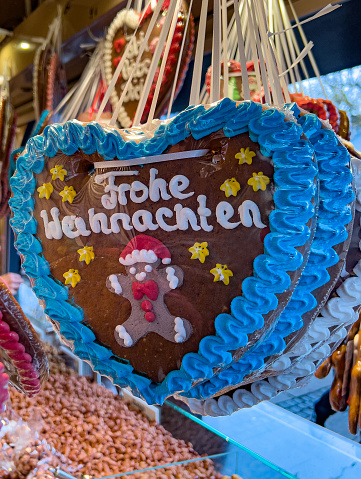 Christmas market in Germany selling traditional gingerbread hearts