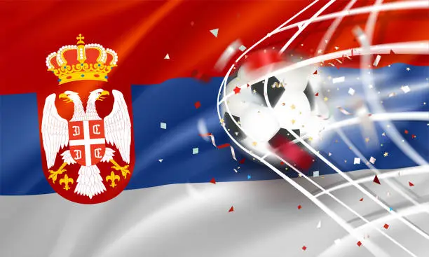 Vector illustration of The ball in the soccer net. Goal vector concept with flag of Serbia. 3d vector banner with blur effect