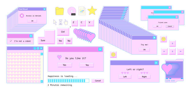 Retro message box with buttons, icons. Old user interface windows. Retro message box with buttons, icons. Old user interface windows. Old style operating system. Nostalgia set of 1990s, 2000s pc elements. Y2K and retrowave style illustration windows folder icon stock illustrations