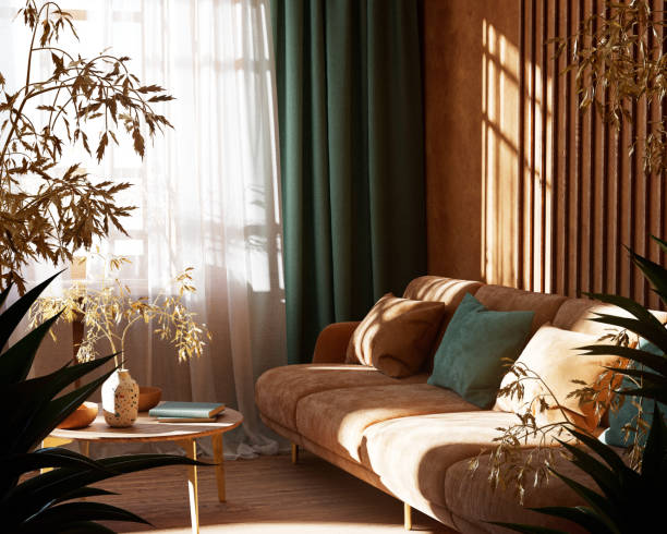 Modern warm interior with a velvet sofa and round table. Mockup template design. 3d render