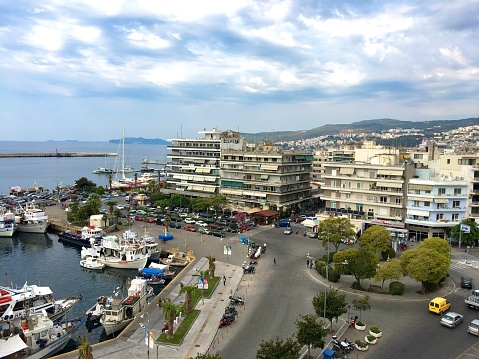 Background of Kavalla Town with the port and the city traffic, during summer