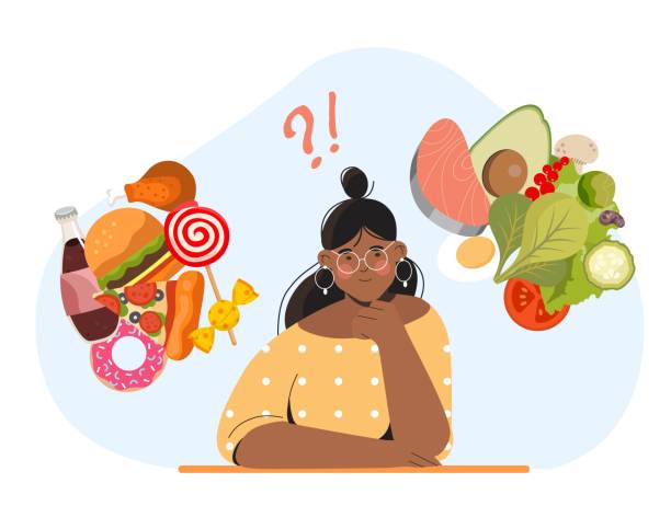 Food choice concept Food choice concept. Young girl compares fast food and natural and organic products. Vegetarian diet and proper nutrition. Active lifestyle and fitness metaphor. Cartoon flat vector illustration pics of a bewitched stock illustrations