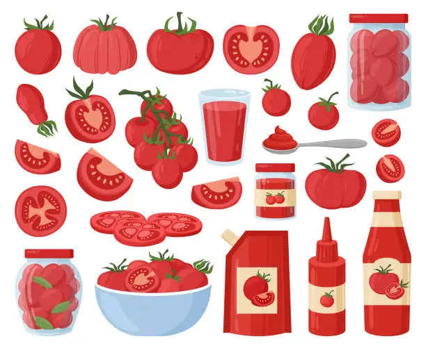 Vector illustration of Cartoon tomato food ingredient, red vegetables and ketchup. Cherry tomatoes, sliced and chopped vegetables and tomato in bowl flat vector illustration set. Tomato ingredient collection