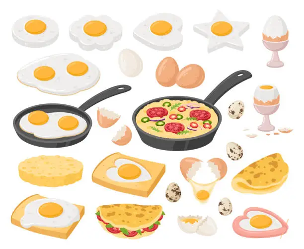 Vector illustration of Cartoon eggs dishes, cooked eggs. Fried, boiled, stuffed egg, scrambled omelette and frittata, healthy delicious breakfast flat vector illustration set. Tasty cooked egg dishes
