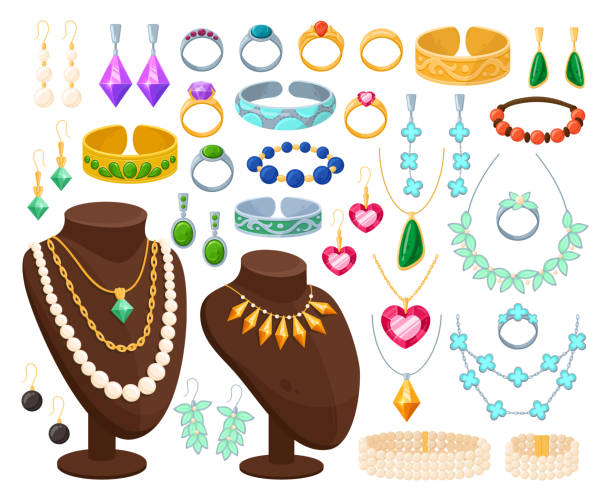 ilustraciones, imágenes clip art, dibujos animados e iconos de stock de joyas de oro y plata de dibujos animados. collar de diamantes preciosos, pendientes de oro, colgante de perlas, anillo de piedras preciosas, broche y pulsera de ilustración vectorial plana engastada. accesorios de joyería glamurosos - pearl necklace earring jewelry