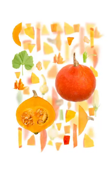 Abstract background made of Pumpkin vegetable pieces, slices and leaves isolated on white.