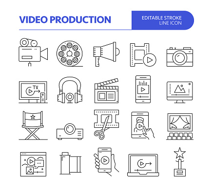 Video Production Related Line Vector Icon Set. Editable Stroke. Filming, Director, YouTuber, Broadcasting.