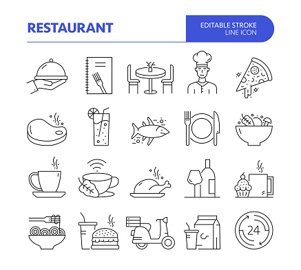 Restaurant and Food Related Line Vector Icon Set. Editable Stroke. Chef, Menu, Cafeteria, Dinner, Serving.