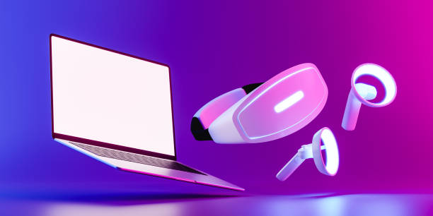 istock Mock up of a laptop, virtual goggles and game controllers flying in the space. 3d render 1446750006