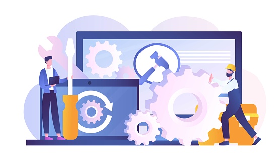 Tech support of PC. Men with gears and screwdriver on background of laptop and tablet. Modern technologies and digital world. Assistants and technical support. Cartoon flat vector illustration