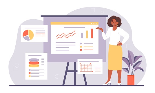 Website stats concept. Woman with graphs and charts, infographics. Poster or banner. Girl looks at expenses and income of company, investor and entrepreneur. Cartoon flat vector illustration