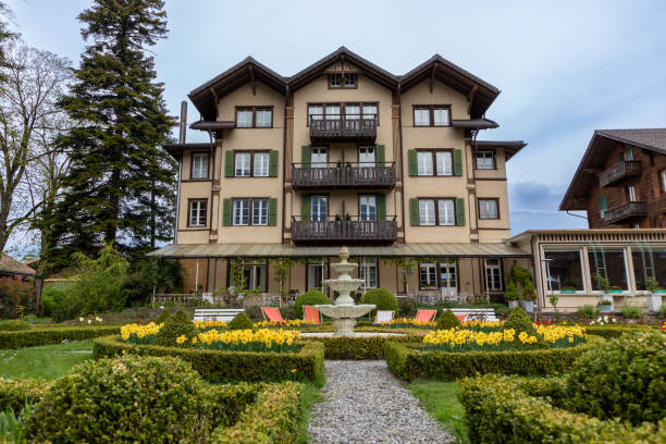 The Alpenrose Hotel And Gardens in the town of Wilderswil in the Canton of Bern. Traditional Swiss chalet hotel.