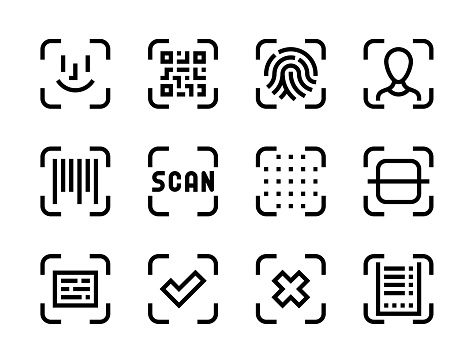 Qr code, Face recognition and Scan process line vector icons. Identification, Authentication and Object scanning editable stroke outline icon set.