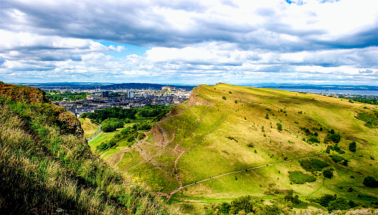 Arthur's Seat is an ancient volcano which is the main peak of the group of hills in Edinburgh, Scotland.  These hills have an elevation of 823' and are a very popular tourist attraction in Edinburgh.