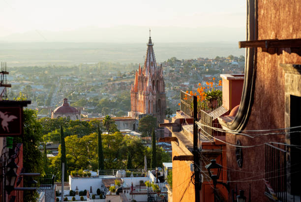 An ariel view of San Miguel de Allende and it's famous church, the Parrochia. San Miguel has been voted the best city in the world to live in and is a much visited city now. It's centuries old Neo-Gothic  church, the Parrochia, is a major tourist attraction. San Miguel is a Unesco world heritage site.