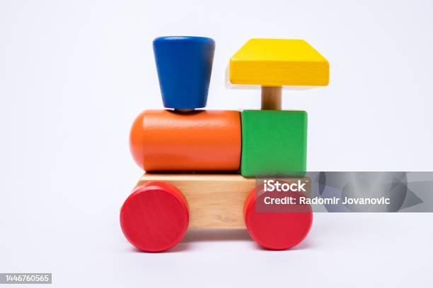 Wooden Train Toy Isolated On White Background Stock Photo - Download Image Now - Attached, Blue, Childhood
