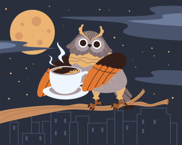 illustrations, cliparts, dessins animés et icônes de oiseau hibou boire café thé boisson chaude tard dans la nuit concept. élément d’illustration de conception graphique vectorielle - characters isolated bill worried