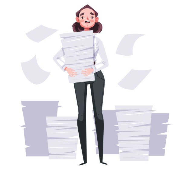 viele werke konzept. stress papierkram überarbeitete büroangestellte. illustrationselement für vektorgrafikdesign - stack paper document file stock-grafiken, -clipart, -cartoons und -symbole