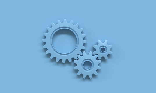 Blue gear wheels 3D rendering illustration isolated on blue background