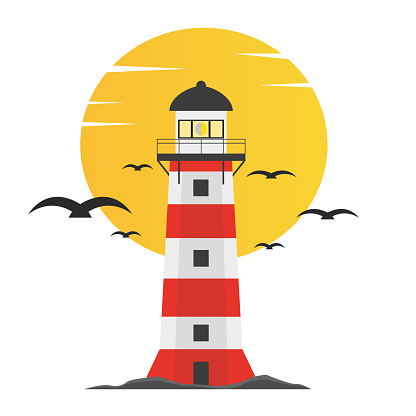 Lighthouse against the background of the sun and flying birds at sunset. Vector illustration