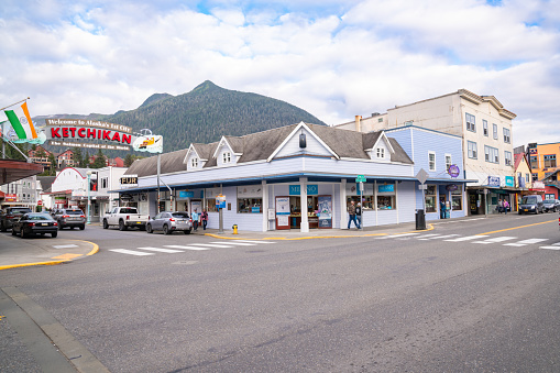Ketchikan, AK - September 9, 2022: Shops & restaurants in Downtown Ketchikan, Alaska.