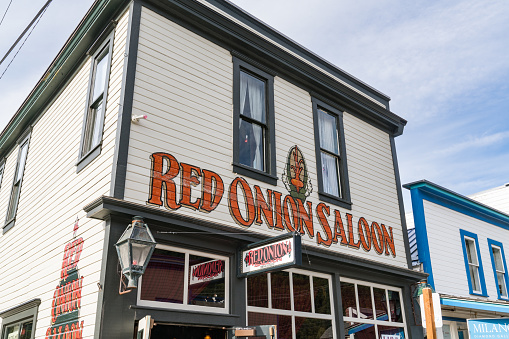 Skagway, AK - September 7, 2022: Exterior of the famous Red Onion Saloon in Skagway, Alaska.